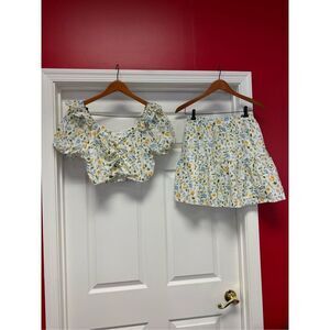 Japna Cream Floral Cropped Eyelet Mini Skirt Set sz M/L EUC
